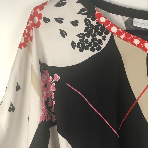 New York Company Kimono Sleeve Blouse Top Size S Black Floral Satin Belted - Picture 6 of 8